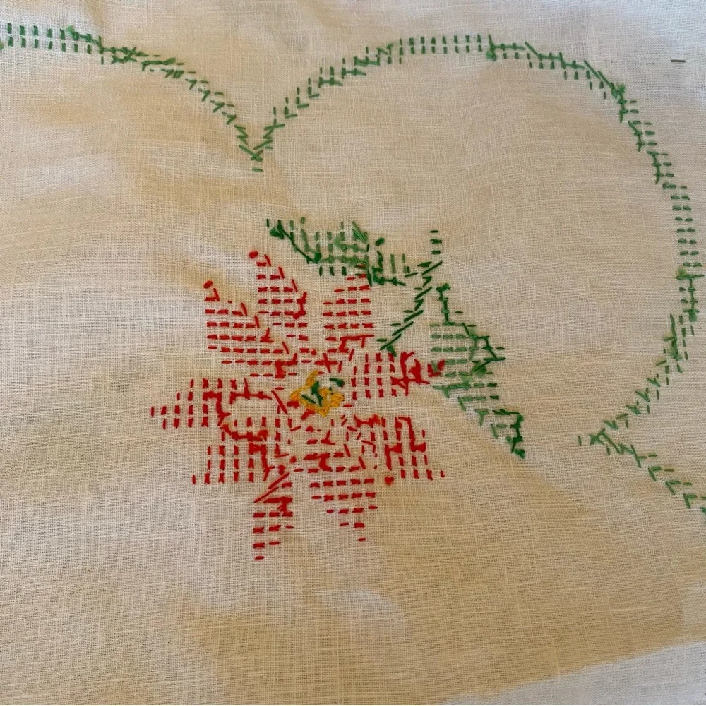 Vintage‎ Cross Stitched Christmas Poinsettia Linen Tablecloth 69x50